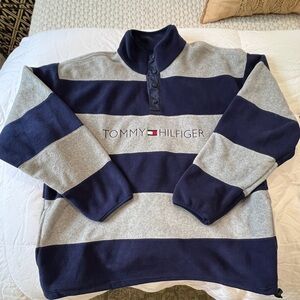 Vintage 90s Tommy Hilfiger Blue and Gray Fleece Sweatshirt with Bold Stripes